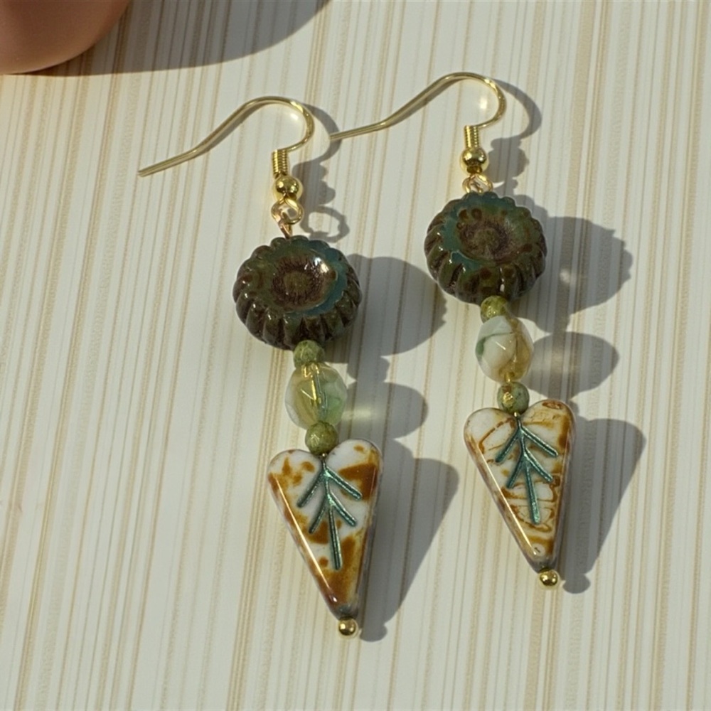 Handcrafted Czech Green Alabaster Heart Leaf Sunflower Dangle Drop Earrings